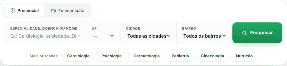 Busca do marketplace Hiraki: presencial ou teleconsulta, especialidade, UF, cidade, bairro e especialidades mais buscadas