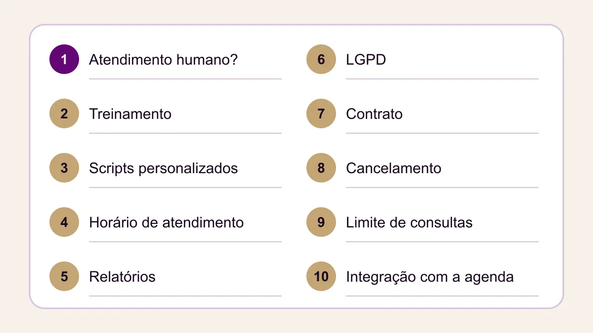 Checklist numerada de um a dez com as perguntas a fazer ao fornecedor de secretária virtual antes de fechar contrato