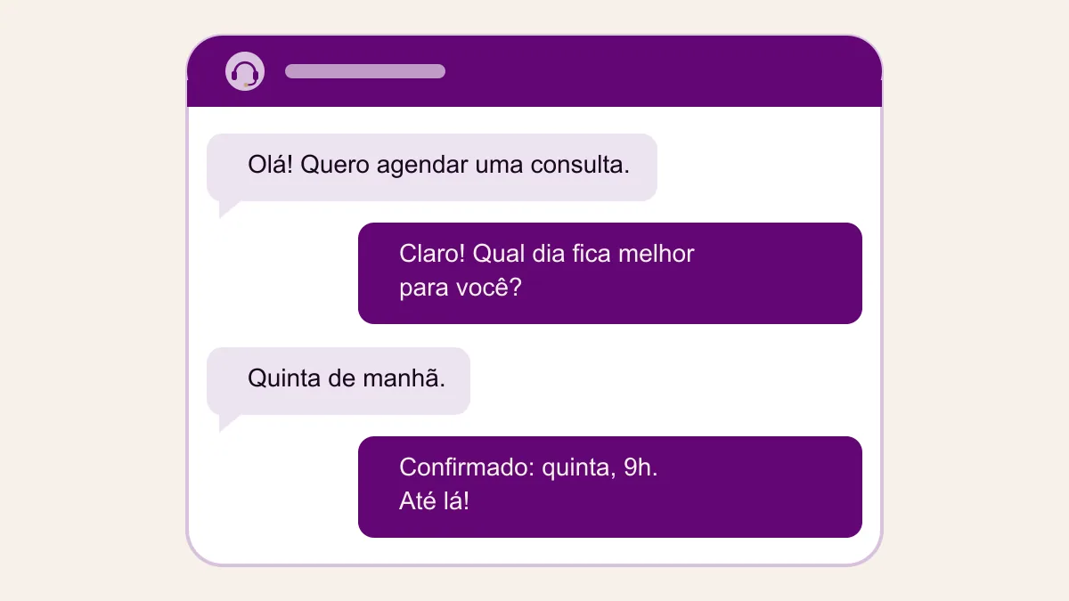 Balões de conversa de exemplo entre paciente e secretária do consultório, mostrando primeiro contato, oferta de horários e confirmação